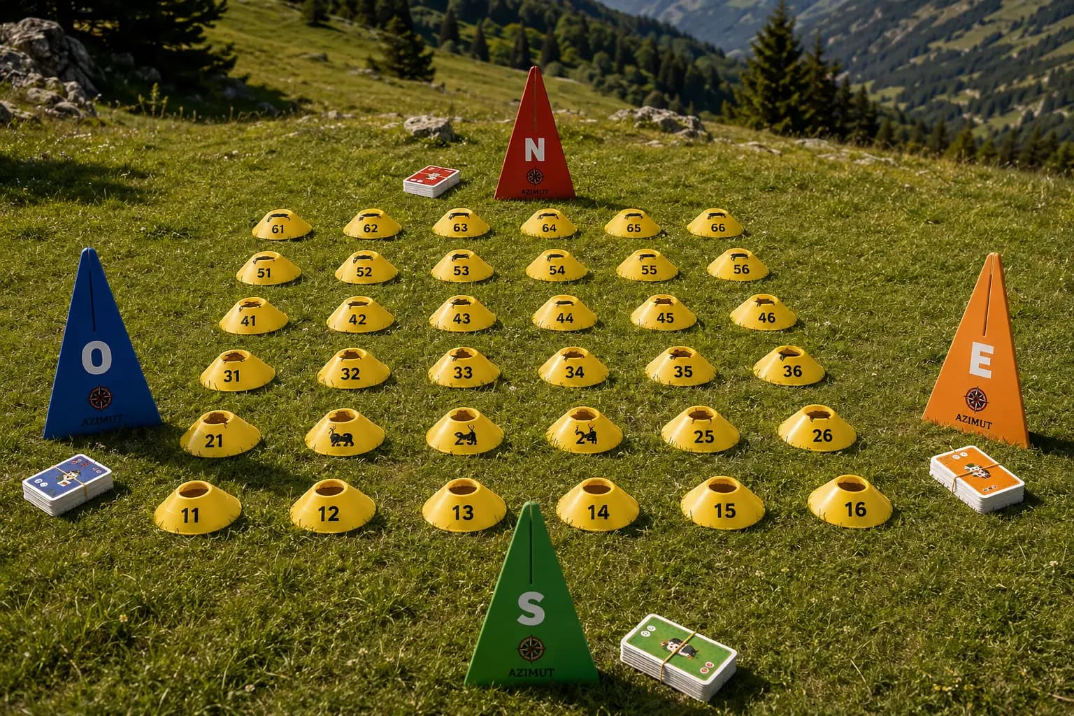 La grille d'Azimut XL vue de haut sur une pelouse : 36 balises jaunes numérotées de 11 à 66, les quatre triangles Nord, Est, Sud et Ouest autour du carré